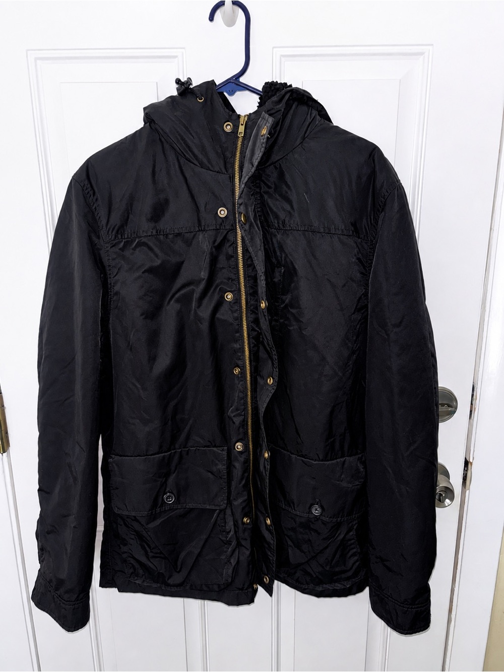 J.Crew Black Fleece Lined Hooded Utility Winter Jacket Field Coat Large